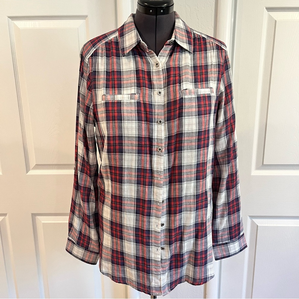 NWT Sandra Ingrish Red, Blue and White Plaid Button Down Shirt